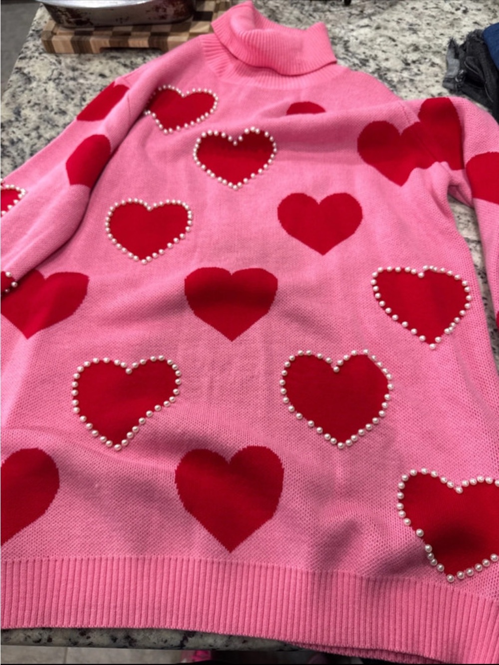 Pink Turtleneck Sweater Dress with Red Heart & Pearl Trim